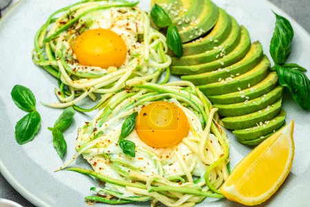 Photo for Zucchini with eggs and avocado. breakfast. Healthy food, ketogenic diet, diet lunch concept. place for text, top view. - Royalty Free Image