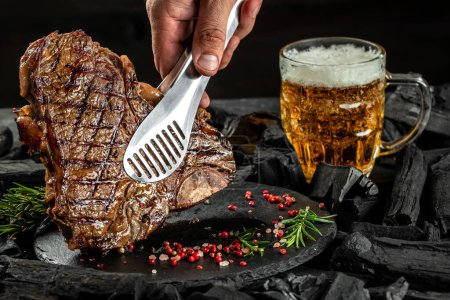 beer steak, Grilled steak and mug of beer. banner, menu, recipe place for text,