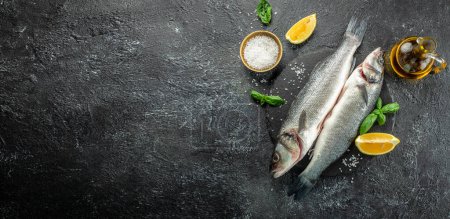 Photo for Fresh raw seabass fish on a dark background, Long banner format. top view, - Royalty Free Image
