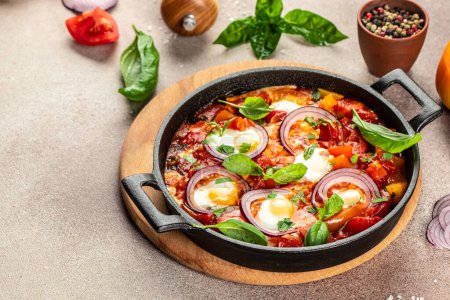 Foto de Shakshuka huevo para el desayuno en la cacerola. Menú del restaurante, dieta, recetas de libros de cocina vista superior. - Imagen libre de derechos
