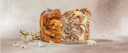 Festive Easter cake. marbled brioche plait with raisins and chocolate.