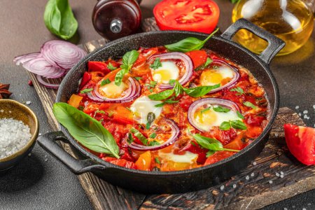 Shakshuka, Gebratene Eier in Tomatensauce in eiserner Pfanne, Essen Rezept Hintergrund. Nahaufnahme,
