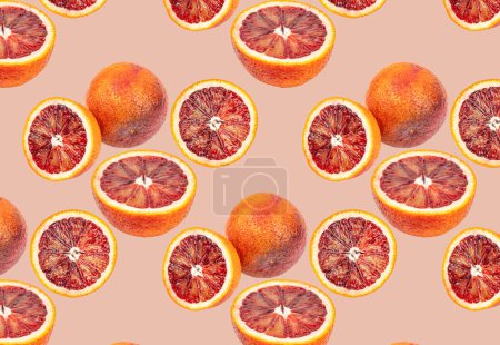 Many blood oranges, whole and halved pattern,