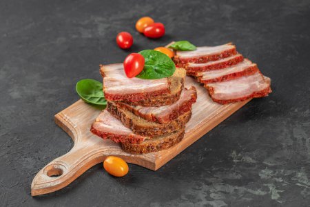 sandwich with pork ham on a wooden board, top view. copy space,