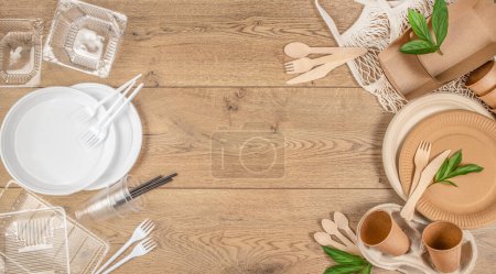Eco friendly disposable dishes made of bamboo wood and paper, Disposable tableware made of plastic, Choice eco concept.