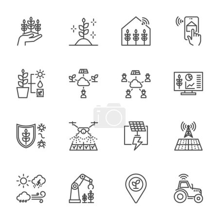 Téléchargez les illustrations : Ensemble d'icônes Smart Farming and Agriculture Technology, icônes vectorielles sur fond blanc - en licence libre de droit