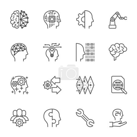 Ilustración de AI Tecnología de inteligencia artificial e iconos de aprendizaje automático, conjunto de iconos de línea delgada vectorial. - Imagen libre de derechos