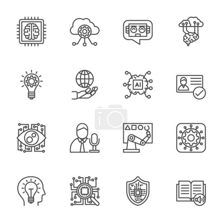 Illustration for AI Artificial Intelligence technology and Machine Learning Icons, Vector thin line icons set. - Royalty Free Image