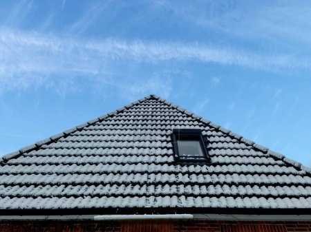 Téléchargez les photos : Fenêtre de toit ouverte de style velux avec des tuiles noires recouvertes de neige en hiver - en image libre de droit
