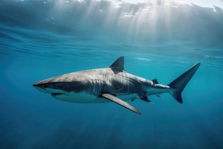 Téléchargez les photos : Un grand requin dans les eaux peu profondes de l'océan - en image libre de droit