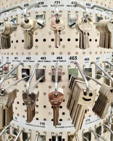 Photo for Kiel, Germany - 01. April 2024: Numerous Abus brand keys on a display in a DIY store - Royalty Free Image