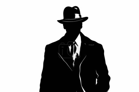 Silhouette noire d'un agent secret sur fond blanc.