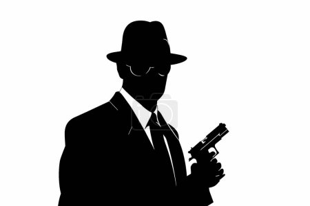 Silhouette noire d'un agent secret sur fond blanc.