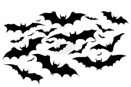 Silueta negra de algunos murciélagos sobre fondo blanco.