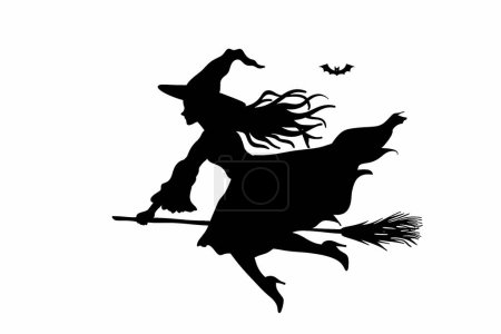 Silueta negra de una bruja volando sobre su escoba sobre un fondo blanco.