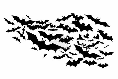 Silueta negra de algunos murciélagos sobre fondo blanco.