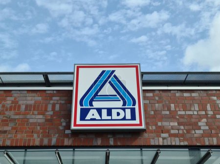 Photo for Kiel, Germany - 04. May 2024: The logo of the discounter chain Aldi above the entrance to a supermarket branch - Royalty Free Image