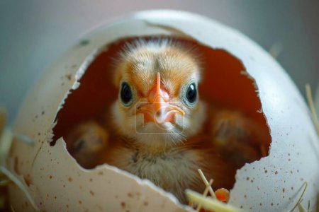 A cute little chick hatches from an egg