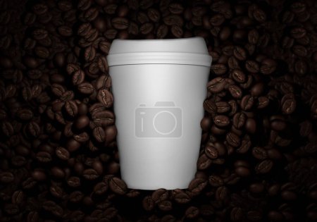 Foto de Taza de café en blanco Burla blanca con granos de café en el fondo - Imagen libre de derechos