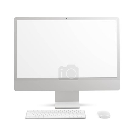 Foto de Una maqueta de computadora de escritorio blanca aislada sobre un fondo blanco - Imagen libre de derechos