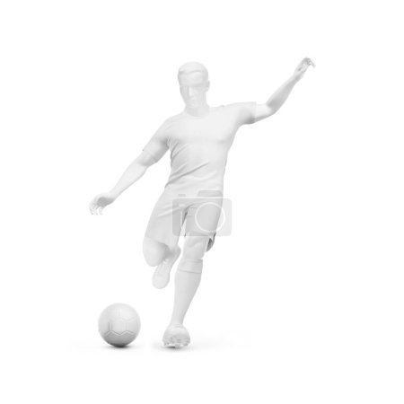 Foto de Una imagen bancaria del kit completo de fútbol masculino en acción Mockup - Cuello redondo - Vista frontal aislada sobre un fondo blanco - Imagen libre de derechos