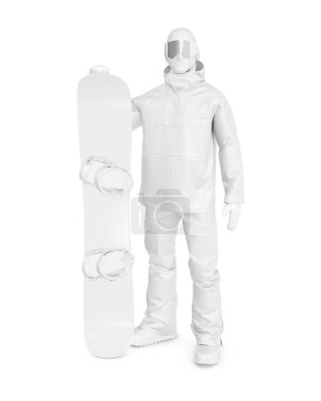 Foto de Un snowboarder blanco en blanco con burla de tablero - Vista frontal aislada sobre un fondo blanco - Imagen libre de derechos