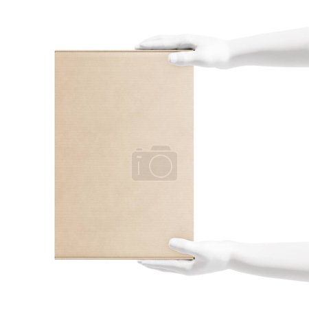 Photo for An image of a mannequin hands holding a cardboard box on a white background - Royalty Free Image