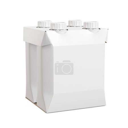 Téléchargez les photos : Une image d'un support de carton avec 4 paquets de jus isolés sur un fond blanc - en image libre de droit