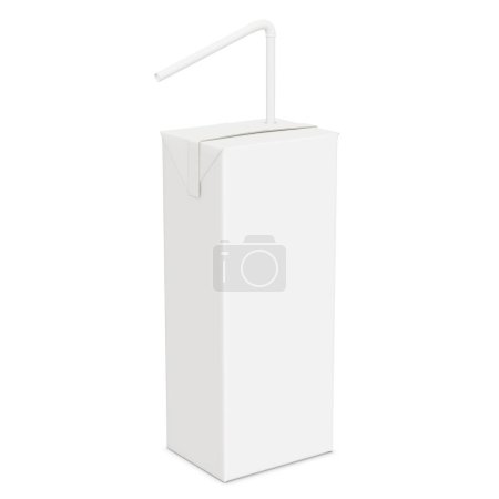 Téléchargez les photos : Une image d'une boîte à jus blanche avec de la paille isolée sur un fond blanc - en image libre de droit