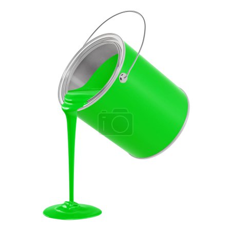Foto de Una imagen de un cubo de metal verde verter pintura verde aislado sobre un fondo blanco - Imagen libre de derechos