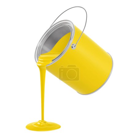 Foto de Una imagen de un cubo de metal amarillo vertiendo pintura amarilla aislada sobre un fondo blanco - Imagen libre de derechos