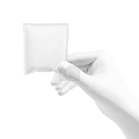 Photo for A mannequin hand holding a blank image of a sachet isolated on a white background - Royalty Free Image