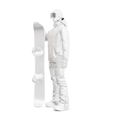 Téléchargez les photos : Un mannequin avec un snowboarder uniforme complet et un snowboard isolé sur fond blanc - en image libre de droit