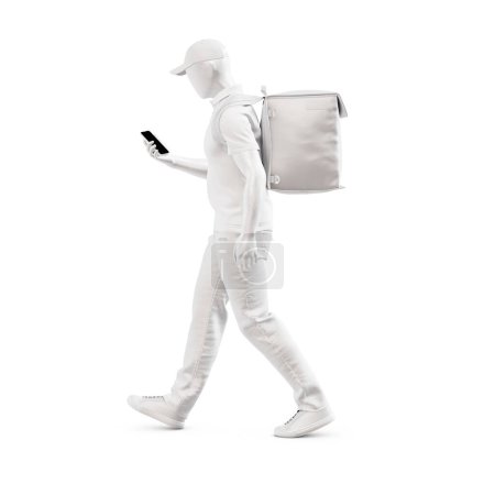 Téléchargez les photos : Une image d'un mannequin homme de livraison marchant avec Smartphone isolé sur un fond blanc - en image libre de droit