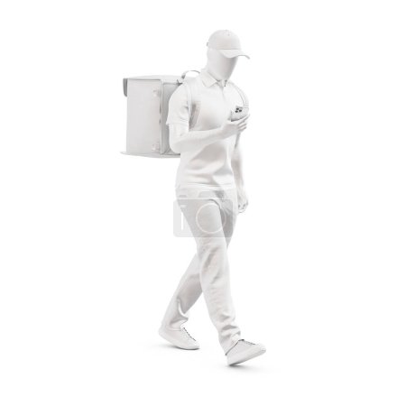 Photo for A image of a Delivery Male mannequin walking with Smartphone isolated on a white background - Royalty Free Image