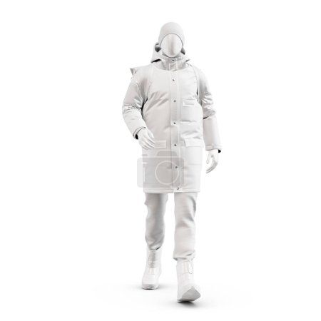 Téléchargez les photos : Un mannequin Walking Deliveryman avec des vêtements d'hiver isolés sur un fond blanc - en image libre de droit