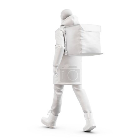 Foto de Un maniquí Walking Deliveryman con ropa de invierno aislado sobre un fondo blanco - Imagen libre de derechos