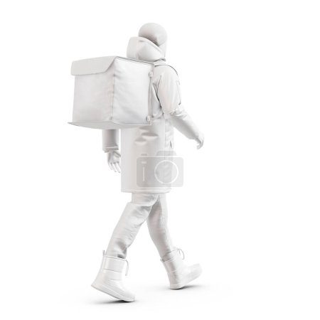 Téléchargez les photos : Un mannequin Walking Deliveryman avec des vêtements d'hiver isolés sur un fond blanc - en image libre de droit
