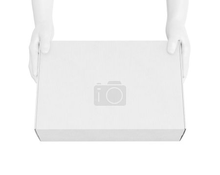 Foto de Un maniquí manos sosteniendo una caja de cartón blanco aislado sobre un fondo blanco - Imagen libre de derechos