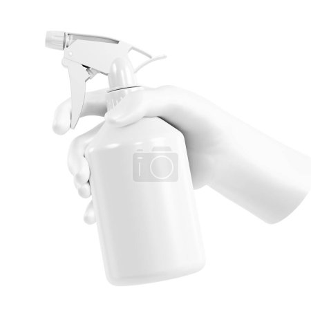 Foto de Manos de maniquí blanco sosteniendo una botella de plástico en aerosol aislado sobre un fondo blanco - Imagen libre de derechos