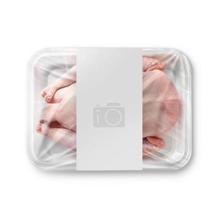 Photo for A image of a white chicken plastic tray with label isolated on a white background - Royalty Free Image