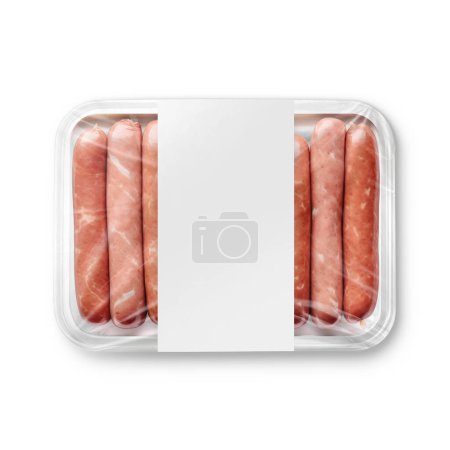 Photo for An image of a white plastic tray sausage with label isolated on a white background - Royalty Free Image