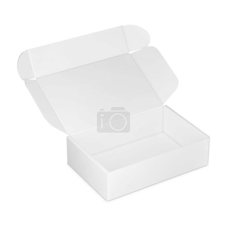 Téléchargez les photos : Une image d'une maquette de boîte ouverte blanche isolée sur un fond blanc - en image libre de droit
