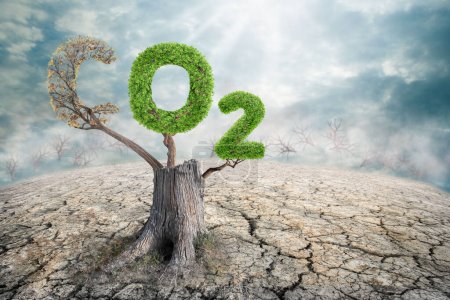 Concepto que describe la cuestión de las emisiones de dióxido de carbono y su impacto en la naturaleza. reducción de la cantidad de emisiones de CO2 - concepto con la eliminación de la letra C del CO2 para obtener oxígeno.