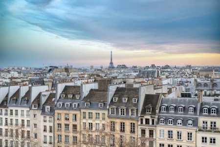 Photo for Paris, typical roofs in the Marais, aerial view with the Eiffel tower, sunset - Royalty Free Image