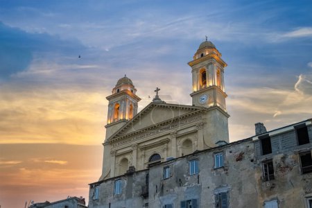 Photo for Bastia in Corsica, the saint-jean-baptiste church in the old harbor, sunset - Royalty Free Image