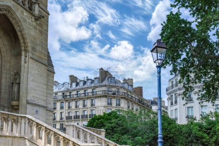 Photo for Paris, buildings in the Marais, in the center, in a typical street, with the Saint-Jacques tower - Royalty Free Image
