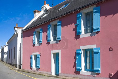 Sauzon in Belle-Ile, Brittany, typical street in the village, with colorful houses