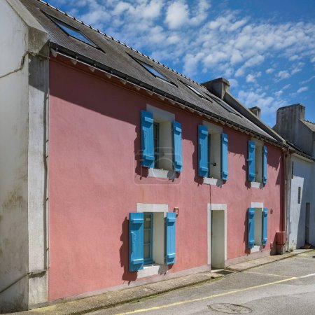 Sauzon in Belle-Ile, Brittany, typical street in the village, with colorful houses