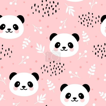 Illustration for Cute panda seamless pattern, hand drawn pink forest background with plants and dots, vector illustration - Royalty Free Image